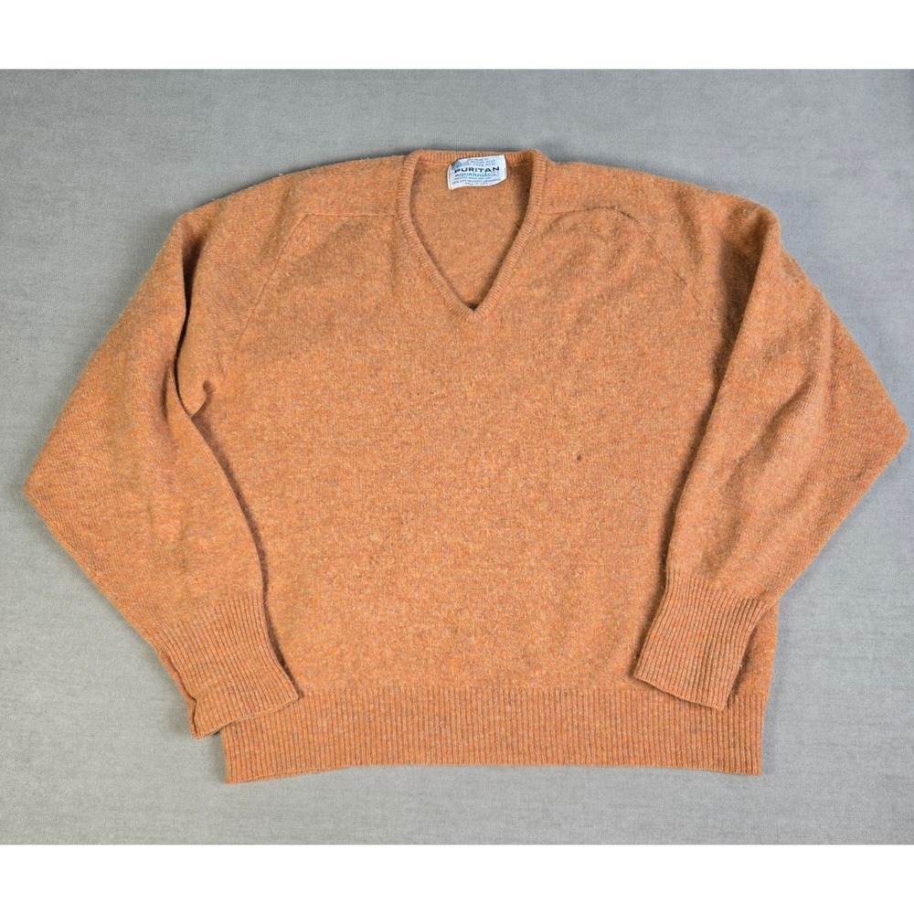 Vtg Puritan Aquaknite V‎ Neck Sweater Orange Lambswool Mens Size L Made USA 80s